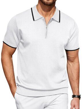 Men'sWhite Zipper Polo Shirt Casual Knit Short Sleeve Classic Fit Tee Style